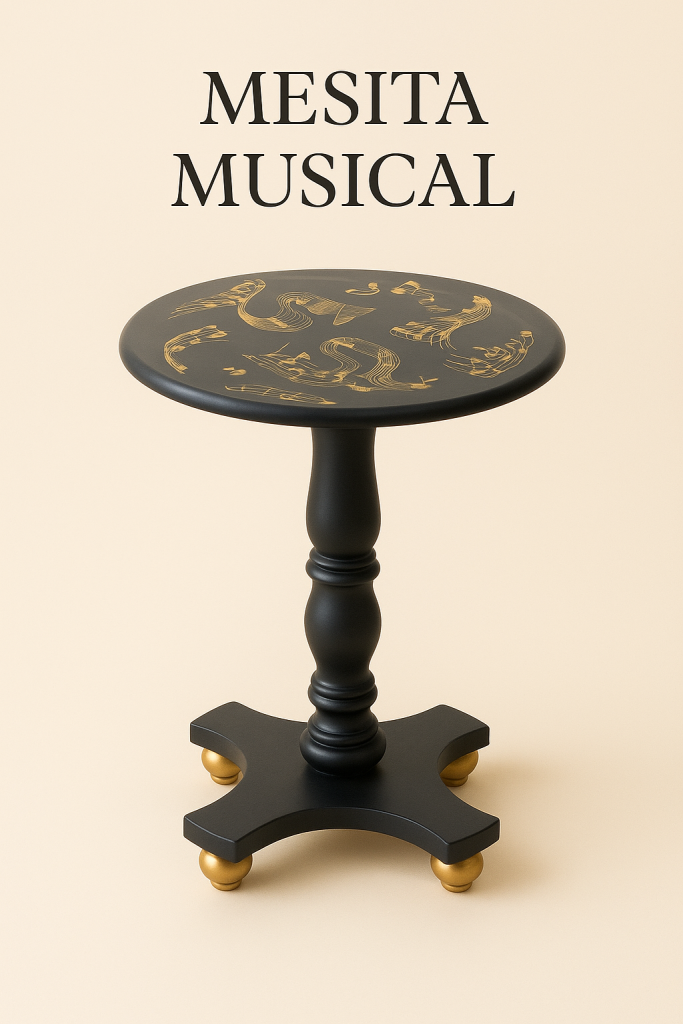 Mesita auxiliar de color negro con las patas doradas y notas musicales en dorado en la parte superior