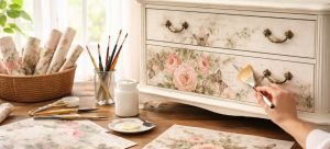 Persona aplicando hojas de decoupage a un mueble.
