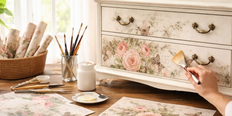 Persona aplicando hojas de decoupage a un mueble.
