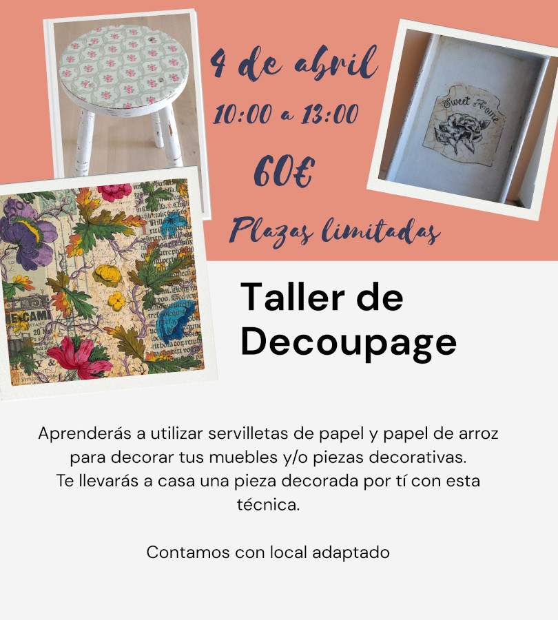 Cartel anunciando el taller de decoupage del dÃa 4 de abril de 2026