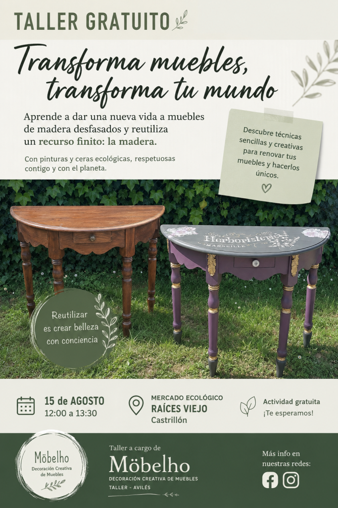 Cartel anunciando el taller gratuito en el contexto del Mercado de Raíces Viejo el 15 de agosto de 2026