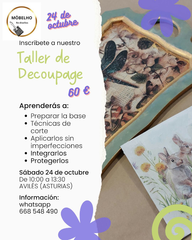 Cartel que anuncia el taller de decoupage de octubre 2026