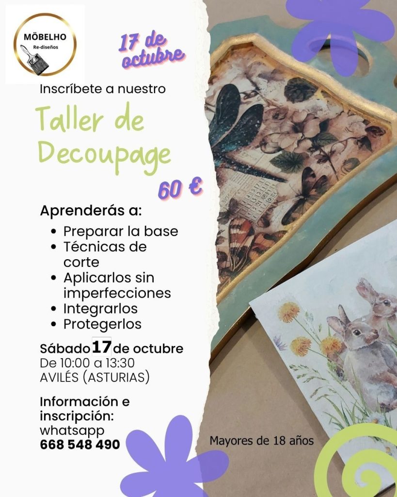 Cartel del taller de decoupage de noviembre de 2026